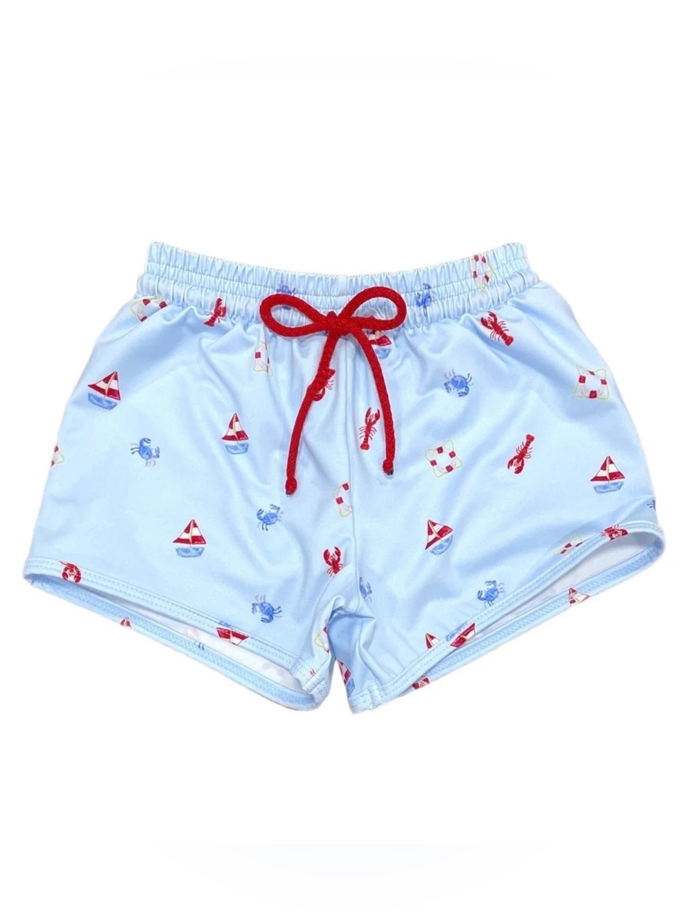 Light Blue Nautical Print Kids Swim Trunks with Red Drawstring